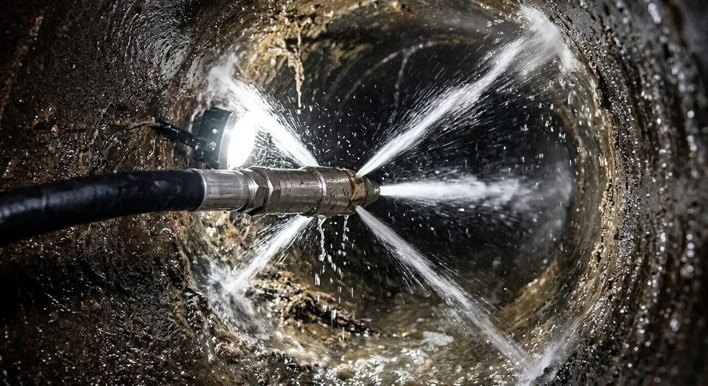 High-pressure hydro jetting nozzle cleaning sewer pipe for Sewer Cleanout in Cheektowaga
