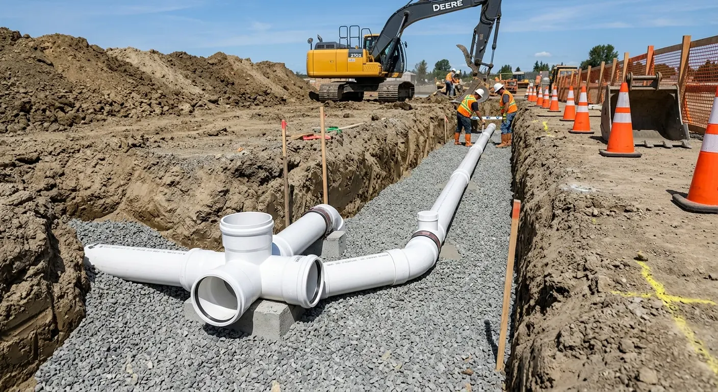 New PVC sewer pipe installation in open trench for Commercial Drain Cleaning in Cheektowaga