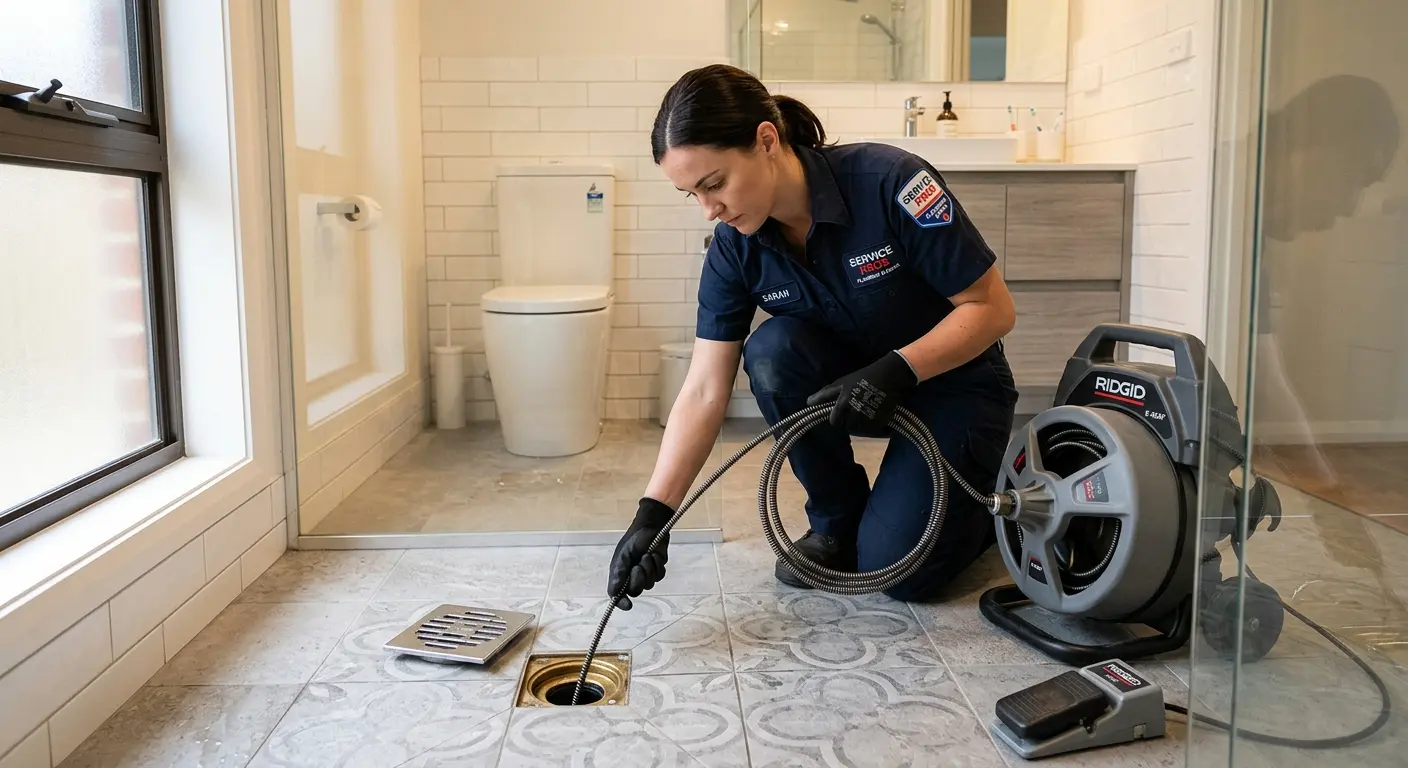 Technician clearing a bathroom floor drain for Sewer Line Installation in Cheektowaga